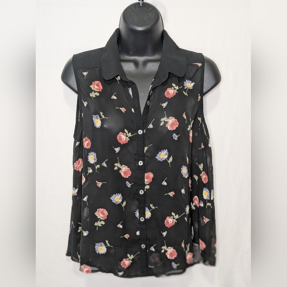 Wet Seal Black and Floral Blouse with Notched Collar